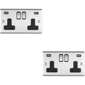 2 PACK 2 Gang Single UK Plug Socket & 2.1A USB SATIN STEEL & Black 13A Switched