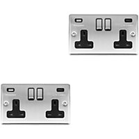 2 PACK 2 Gang UK Plug Socket & 2x 3.1A USB-C & A SATIN STEEL & BLACK 13A Switch