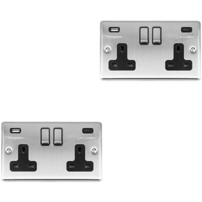 2 PACK 2 Gang UK Plug Socket & 2x 3.1A USB-C & A SATIN STEEL & BLACK 13A Switch