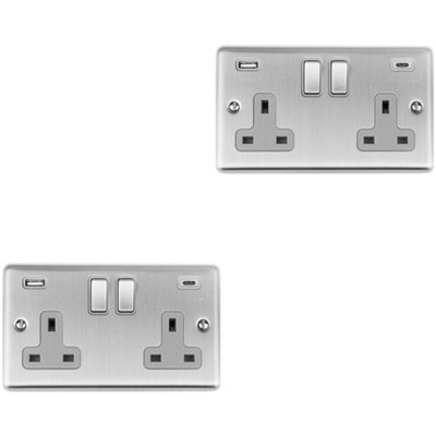 2 PACK 2 Gang UK Plug Socket & 2x 3.1A USB-C & A SATIN STEEL & GREY 13A Switch