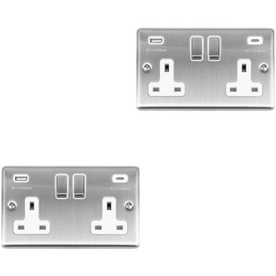 2 PACK 2 Gang UK Plug Socket & 2x 3.1A USB-C & A SATIN STEEL & WHITE 13A Switch