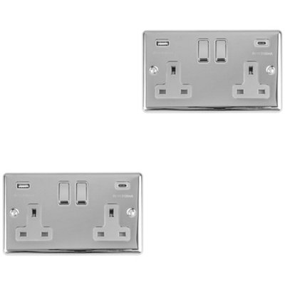 2 PACK 2 Gang UK Plug Socket & Dual 3.1A USB-C & A CHROME & GREY 13A Switched