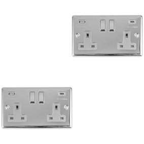 2 PACK 2 Gang UK Plug Socket & Dual 3.1A USB-C & A CHROME & GREY 13A Switched