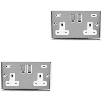 2 PACK 2 Gang UK Plug Socket & Dual 3.1A USB-C & A CHROME & WHITE 13A Switched