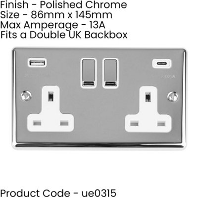 2 PACK 2 Gang UK Plug Socket & Dual 3.1A USB-C & A CHROME & WHITE 13A Switched
