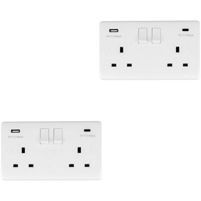 2 PACK 2 Gang UK Plug Socket & Dual 3.1A USB-C & A WHITE PLASTIC 13A Switched