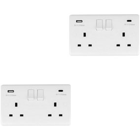 2 PACK 2 Gang UK Plug Socket & Dual 3.1A USB-C & A WHITE PLASTIC 13A Switched