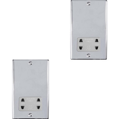 2 PACK 230V & 115V Shaver Twin Socket Wall Plate CHROME & GREY Trim 86mm x 146mm