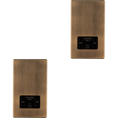 2 PACK 230V 115V Twin Shaver Socket Wall Plate SCREWLESS ANTIQUE BRASS Bathroom