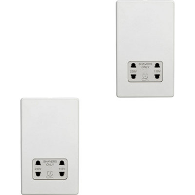 2 PACK 230V 115V Twin Shaver Socket Wall Plate SCREWLESS MATT WHITE Bathroom
