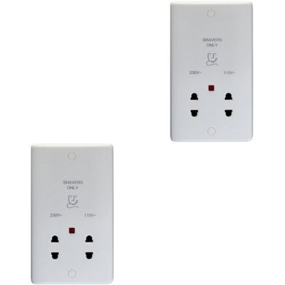2 PACK 230V & 115V Twin Shaver Socket Wall Plate WHITE Bathroom 86mm x 146mm
