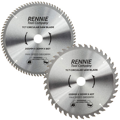 2 Pack - 255mm x 40T & 80T TCT Circular Wood Saw Blades. Fits Bosch Makita Dewalt Circular Saws Etc