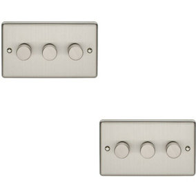 2 PACK 3 Gang 400W 2 Way Rotary Dimmer Switch SATIN STEEL Light Dimming Plate