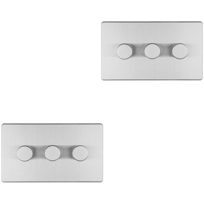 2 PACK 3 Gang Dimmer Switch 2 Way LED SCREWLESS SATIN STEEL Light Dimming Wall