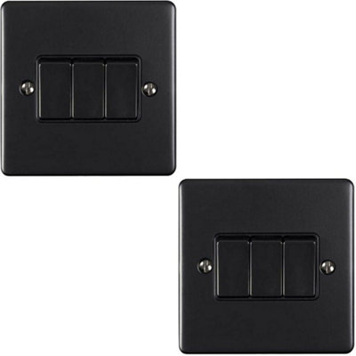 2 PACK 3 Gang Metal Triple Light Switch MATT BLACK 2 Way 10A Black Trim