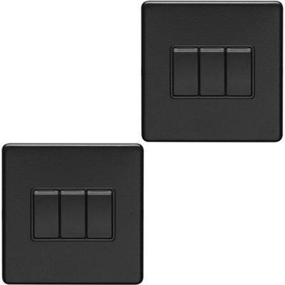 2 PACK 3 Gang Triple Light Switch SCREWLESS MATT BLACK 2 Way 10A Slim Rocker