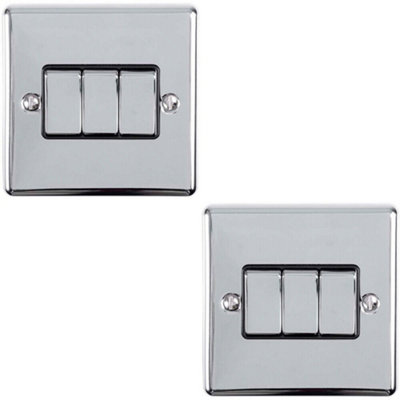 2 PACK 3 Gang Triple Metal Light Switch POLISHED CHROME 2 Way 10A Black Trim