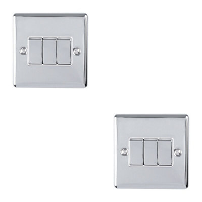 2 PACK 3 Gang Triple Metal Light Switch POLISHED CHROME 2 Way 10A White Trim