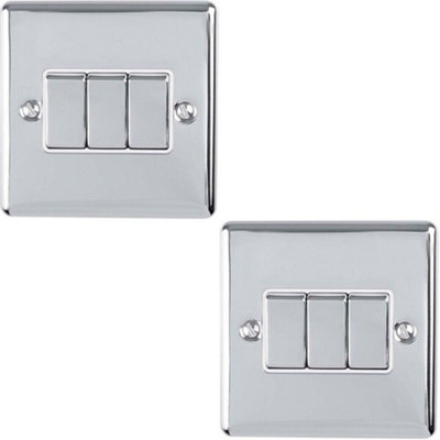 2 PACK 3 Gang Triple Metal Light Switch SATIN STEEL 2 Way 10A Grey Trim