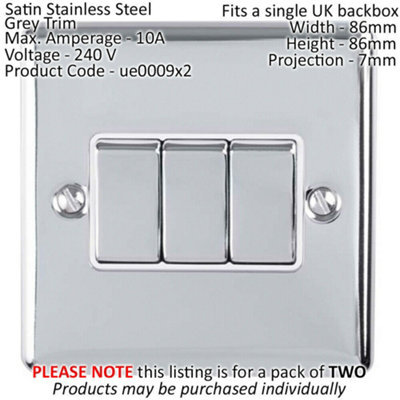 2 PACK 3 Gang Triple Metal Light Switch SATIN STEEL 2 Way 10A Grey Trim