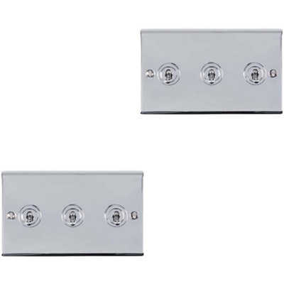 2 PACK 3 Gang Triple Retro Toggle Light Switch POLISHED CHROME 10A 2 Way Plate