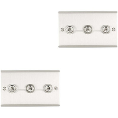 2 PACK 3 Gang Triple Retro Toggle Light Switch SATIN STEEL 10A 2 Way Wall Plate