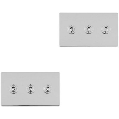 2 PACK 3 Gang Triple Retro Toggle Light Switch SCREWLESS CHROME 10A 2 Way Plate