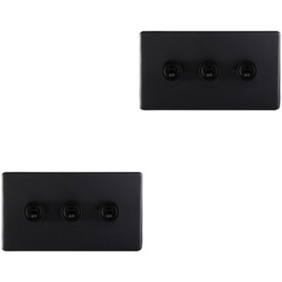 2 PACK 3 Gang Triple Retro Toggle Light Switch SCREWLESS MATT BLACK 10A 2 Way