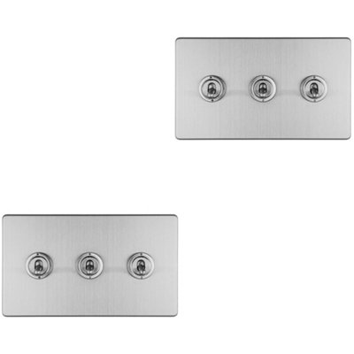 2 PACK 3 Gang Triple Retro Toggle Light Switch SCREWLESS SATIN STEEL 10A 2 Way