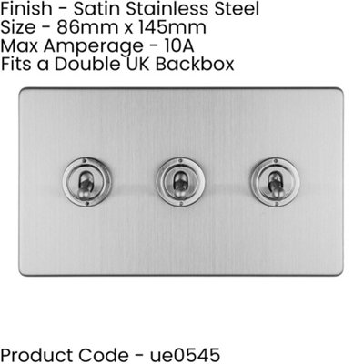2 PACK 3 Gang Triple Retro Toggle Light Switch SCREWLESS SATIN STEEL 10A 2 Way