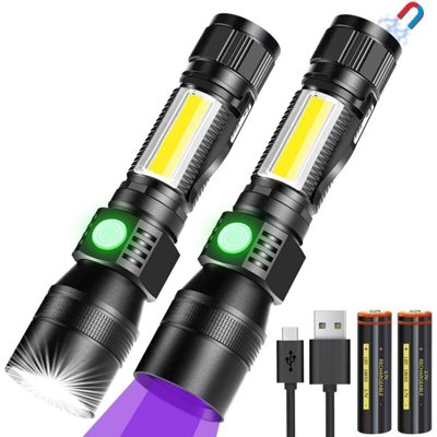 2 Pack 3 In 1 Uv Flashlight, Rechargeable Usb Led Torch, Zoomable ...