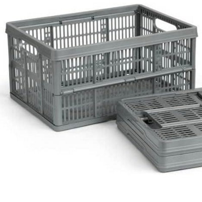 2 Pack 32 Litre Foldable Plastic Storage Crates Grey Collapsible ...