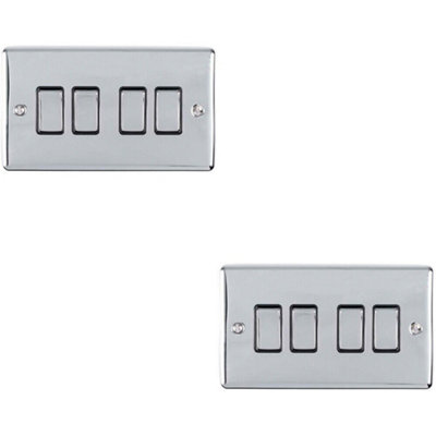 2 PACK 4 Gang Metal Quad Light Switch POLISHED CHROME 2 Way 10A Black Trim