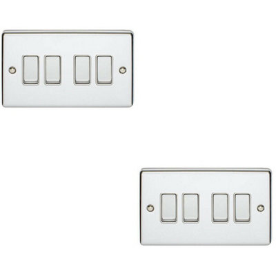 2 PACK 4 Gang Metal Quad Light Switch POLISHED CHROME 2 Way 10A White Trim