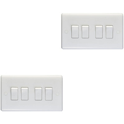 2 PACK 4 Gang Quad 10A Light Switch 2 Way - WHITE PLASTIC Wall Plate Rocker