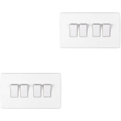 2 PACK 4 Gang Quad Light Switch SCREWLESS MATT WHITE 2 Way 10A Slim Rocker