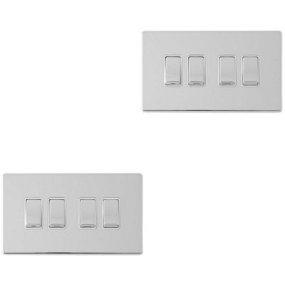 2 PACK 4 Gang QUAD Light Switch SCREWLESS POLISHED CHROME 2 Way 10A Rocker