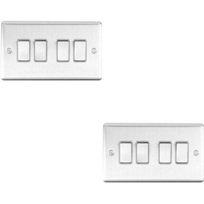 2 PACK 4 Gang Quad Metal Light Switch SATIN STEEL 2 Way 10A Grey Trim
