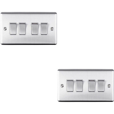 2 PACK 4 Gang Quad Metal Light Switch SATIN STEEL 2 Way 10A White Trim