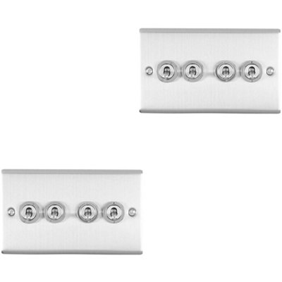 2 PACK 4 Gang Quad Retro Toggle Light Switch SATIN STEEL 10A 2 Way Wall Plate