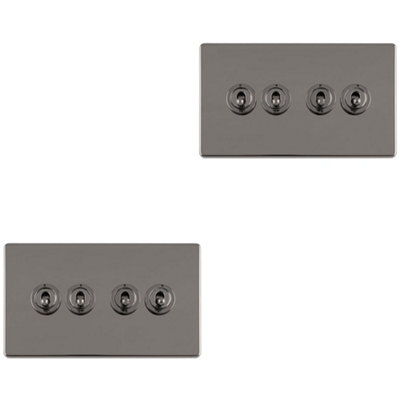 2 PACK 4 Gang Quad Retro Toggle Light Switch SCREWLESS BLACK NICKEL 10A 2 Way