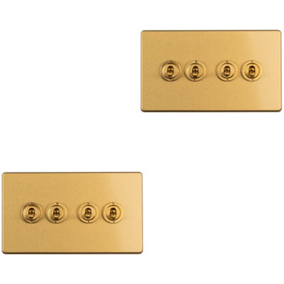 2 PACK 4 Gang Quad Retro Toggle Light Switch SCREWLESS SATIN BRASS 10A 2 Way