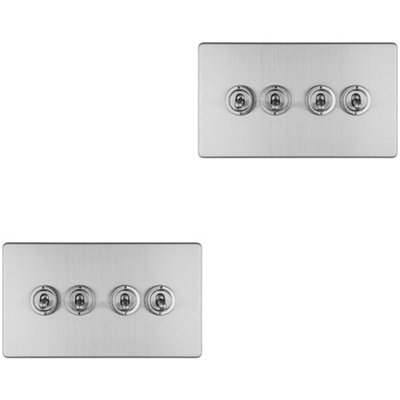 2 PACK 4 Gang Quad Retro Toggle Light Switch SCREWLESS SATIN STEEL 10A 2 Way