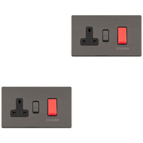 2 PACK 45A DP Oven Cooker Switch & 13A Switched Socket SCREWLESS BLACK NICKEL