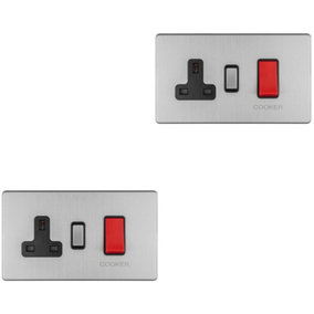 2 PACK 45A DP Oven Cooker Switch & 13A Switched Socket SCREWLESS SATIN STEEL