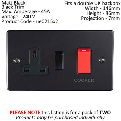 2 PACK 45A DP Oven Switch & Neon Appliance Light MATT BLACK & Black Trim