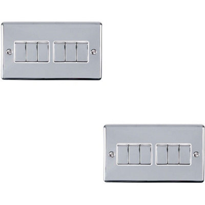 2 PACK 6 Gang Metal Multi Light Switch POLISHED CHROME 2 Way 10A White Trim