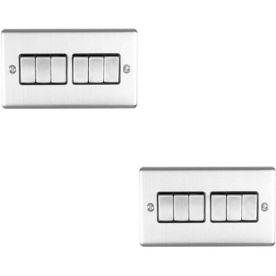 2 PACK 6 Gang Metal Multi Light Switch SATIN STEEL 2 Way 10A Black Trim
