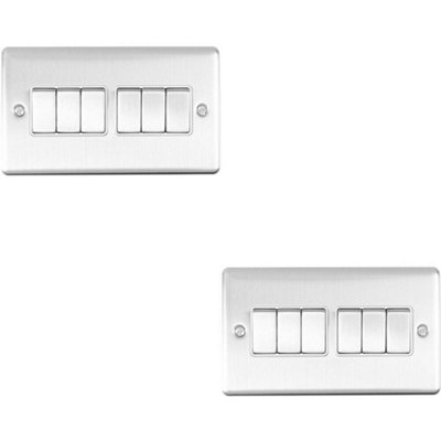 2 PACK 6 Gang Metal Multi Light Switch SATIN STEEL 2 Way 10A White Trim