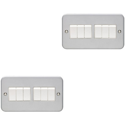 2 PACK 6 Gang Multi Light Switch 2 Way 10A HEAVY DUTY METAL CLAD - White Rocker